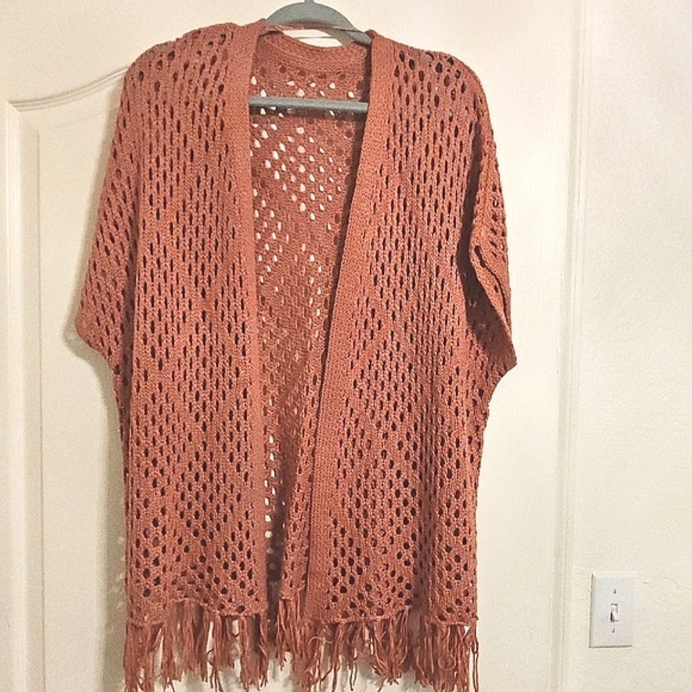 Pink Open Front Cardigan with Loose Knit and Fringe Nwot - Picture 1 of 5